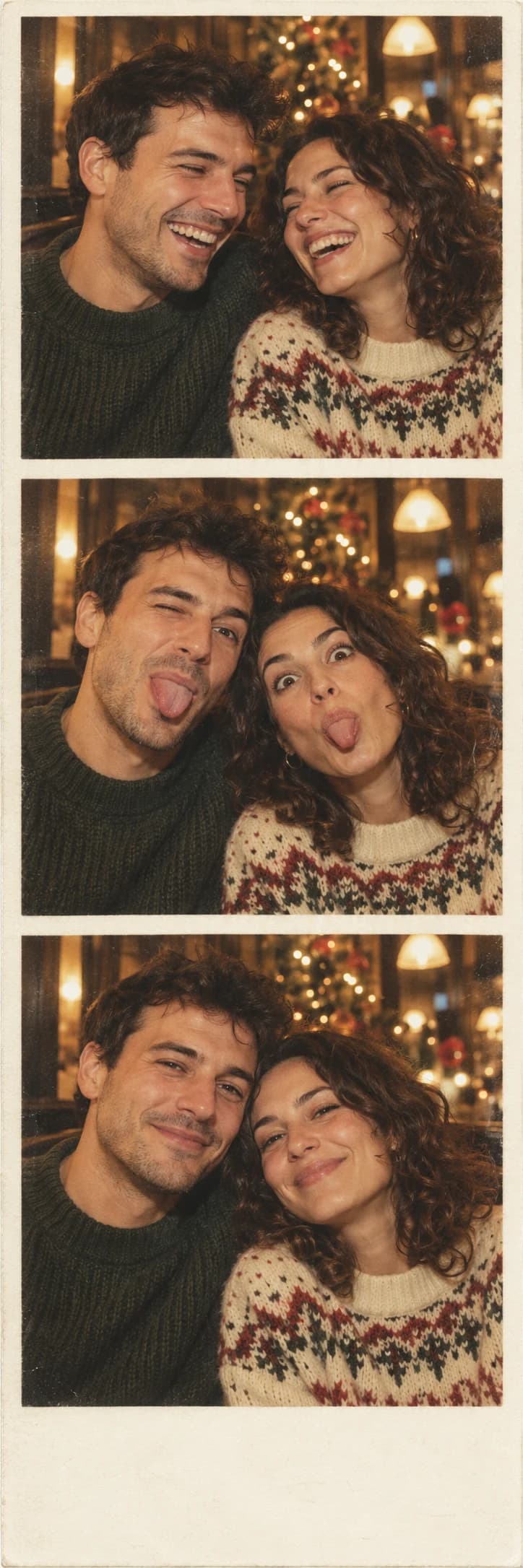 Illustrative sample of a fictional couple laughing together in a Christmas photo booth
